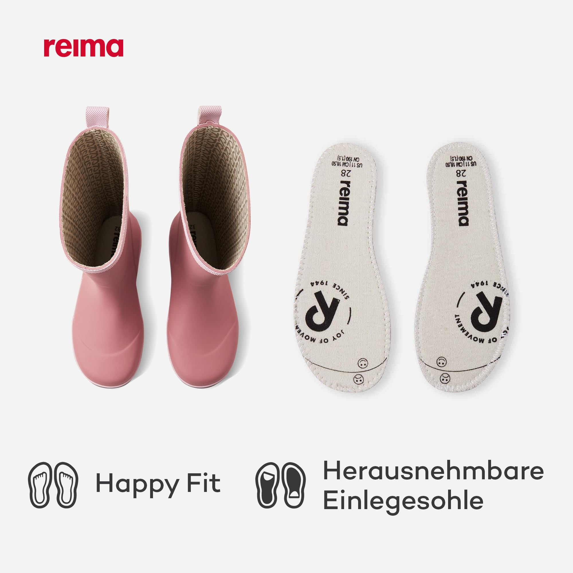 Reima - Taika Gummistiefel für Kinder - Wasserdichte Regenstiefel Kinder mit Baumwollfutter, flexibler Griffsohle, reflektierenden Details und Happy Fit-Einlegesohlen - Rose blush, 28