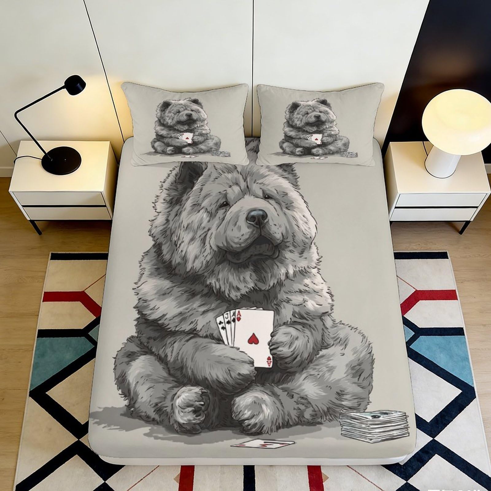 3D Printed Poker Dog Fitted Sheet Microfiber Soft Non-slip Cartoon Chow Chow Bed Cover for Bedroom Dorm Mattress Decor 120x200x25cm
