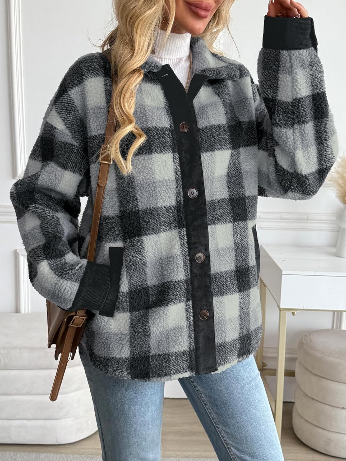 LILLUSORY Flannel Sherpa Jackets for Women Fleece Shackets Plaid Button Down Jacket Winter Coats - Image 3