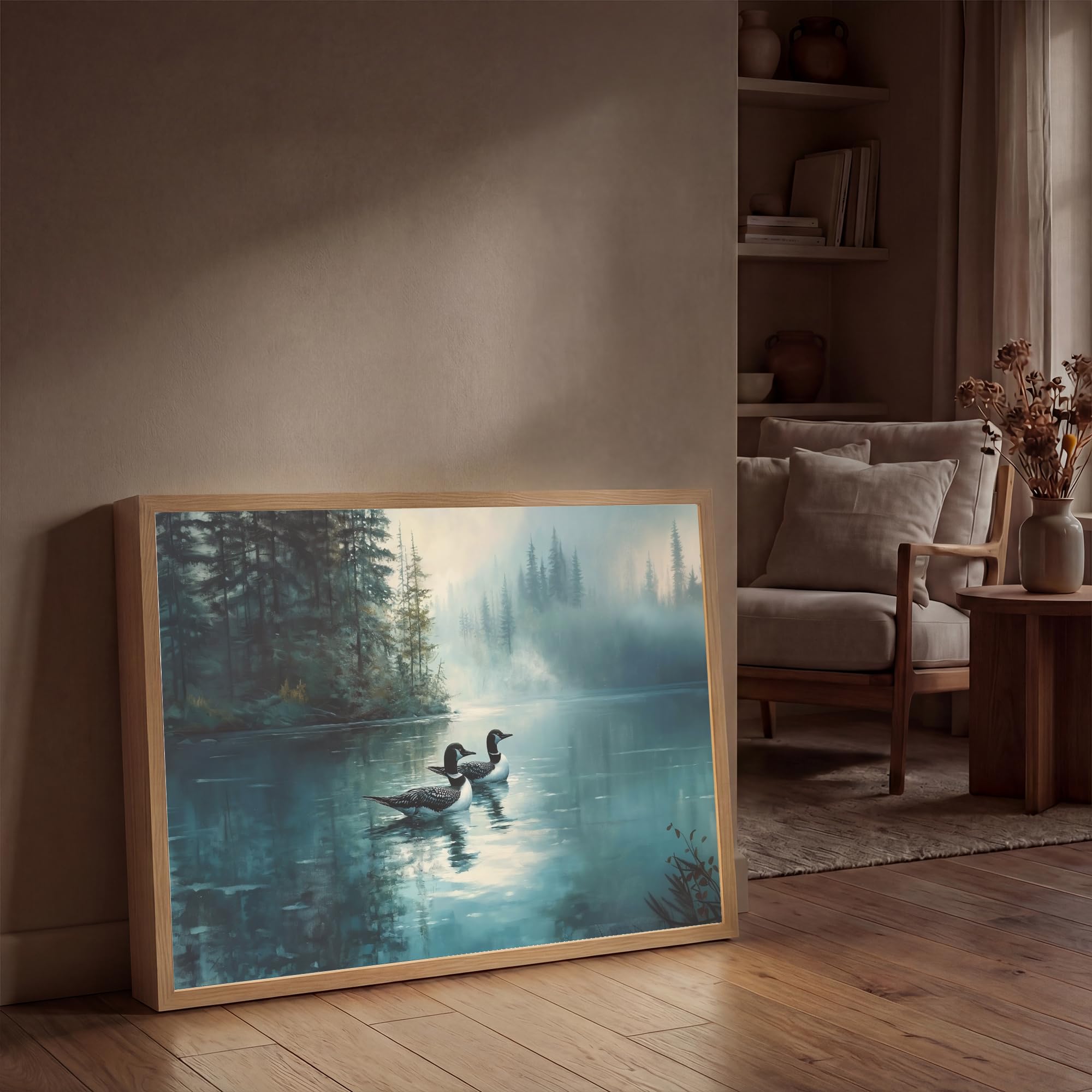 Moderne LED Wandleuchte Innen 90x60 cm Aufladbar Wandbeleuchtung Schlafzimmer Nachtlampe Flach Fernbedienung Warmes Still Licht Dimmbare Lampe Wald - Wasser - Enten - Neblig