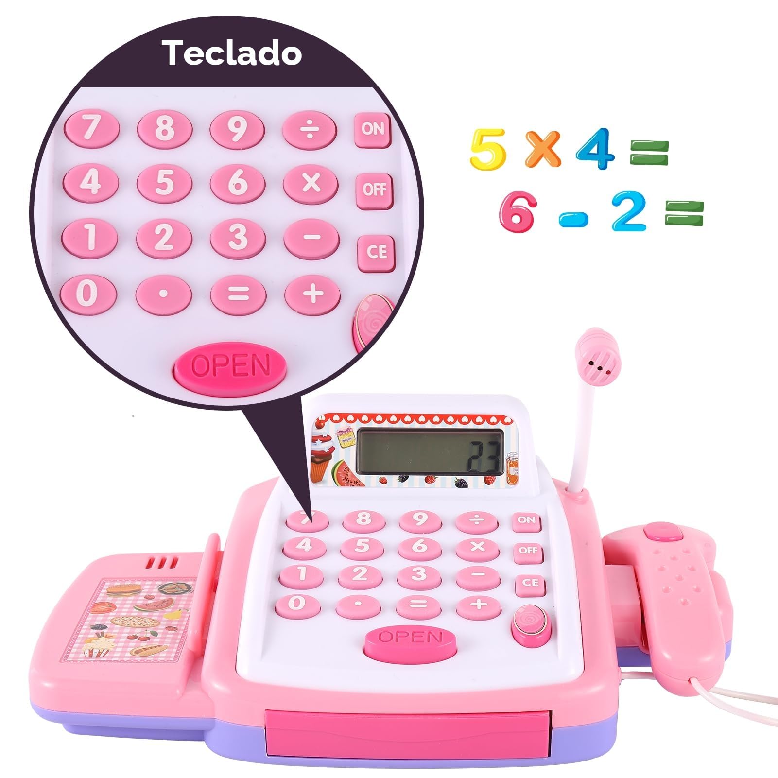HYAKIDS Caja Registradora Juguetes 3 Años, Máquina Registradora Infantil con Luz y Sonido, Escáner, Supermercado Juguete Tienda Regalo para Niños Niñas Rosa