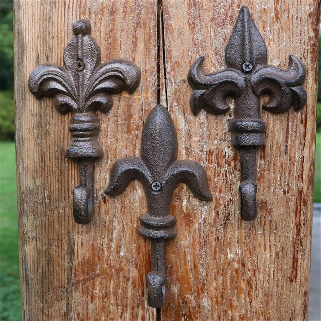 Farm House Accents Handmade Antique Rustic Fleur De Lis Design Cast Iron Wall Hooks Set of Three Design with 1 Hanger