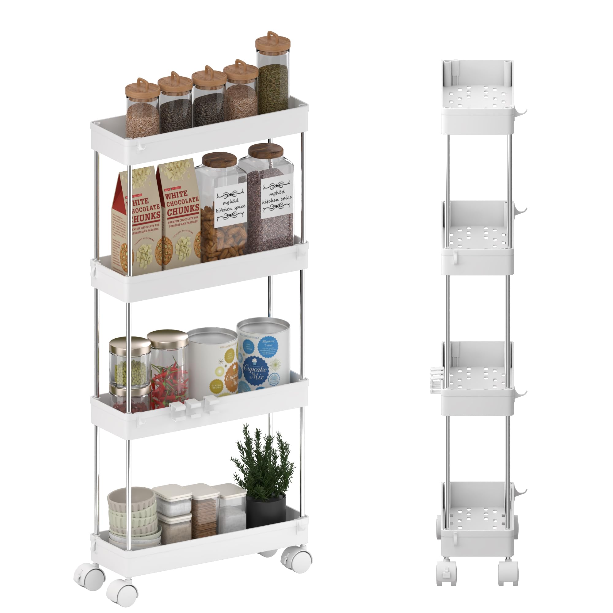 GOOPOOL Carrito Auxiliar con Ruedas Cocina, Carro de Almacenamiento Delgado Rodante de 4 Niveles, Carrito Cocina Ahorra Espacio Estanteria Estrecha Carrito Cocina para Cocina, Oficina, Blanco