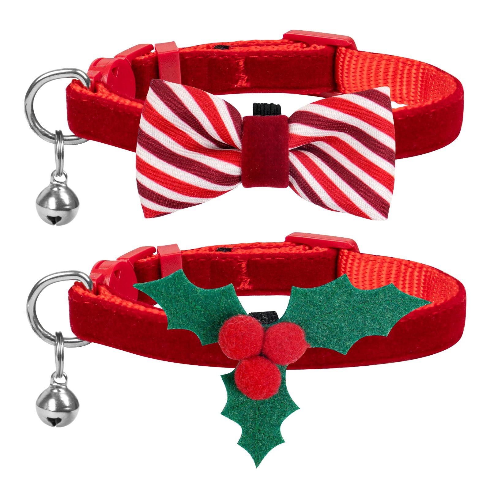 azuza Christmas Cat Collar Breakaway with Bells, 2 Pack Holiday Celebration Cat Collars with Cute Holly and Bowtie Accessories, Size Adjustable from 8"-12"