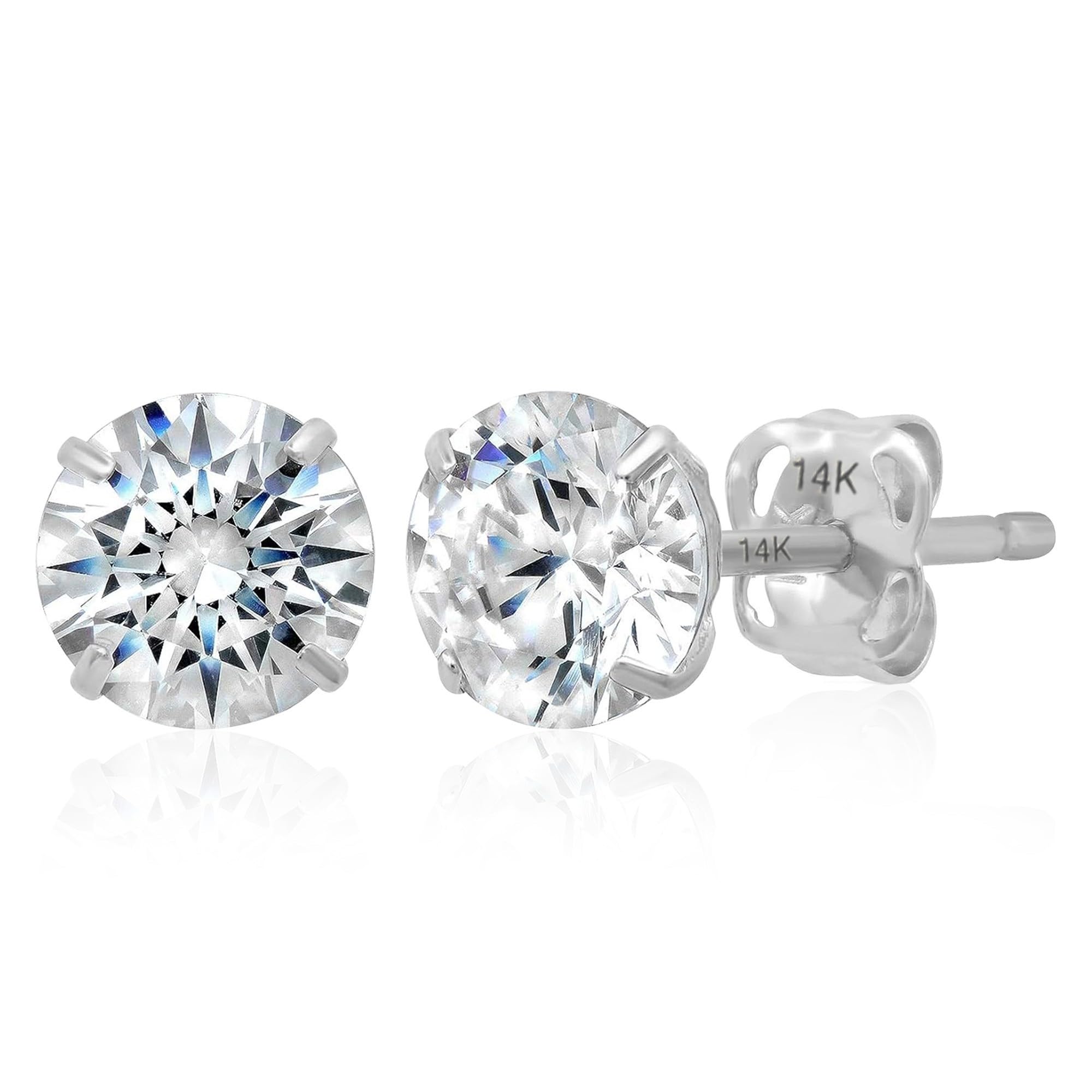 14k Gold Solitaire Round Cubic Zirconia Earrings Studs for Women & Men | Anti Tarnishing CZ Stud Earrings with 14k Gold Butterfly Pushbacks | 4MM-7.5MM by MAX + STONE 6.5 mm White Gold