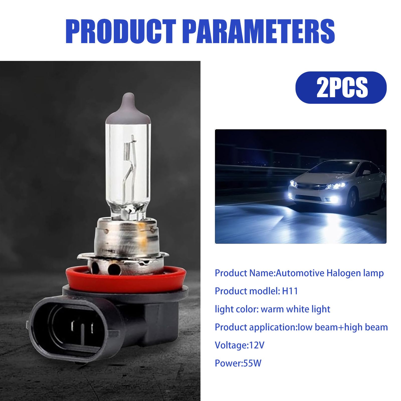 Pack-2 Car H11 Halogen Bulbs 55W 12V Quartz Lamp Super Bright Beam Low High Beam Fog Light Replacement — view 2
