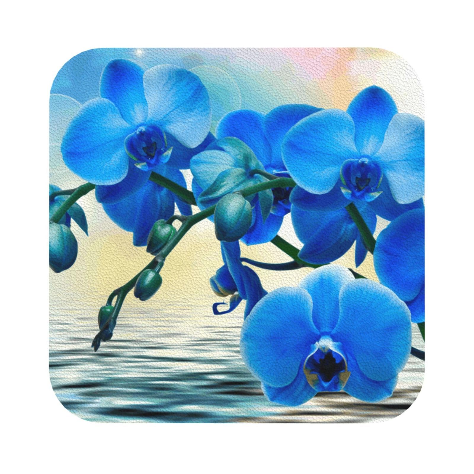 Beautiful Flower PU Leather Coasters Set of 6 Square Drink Coasters