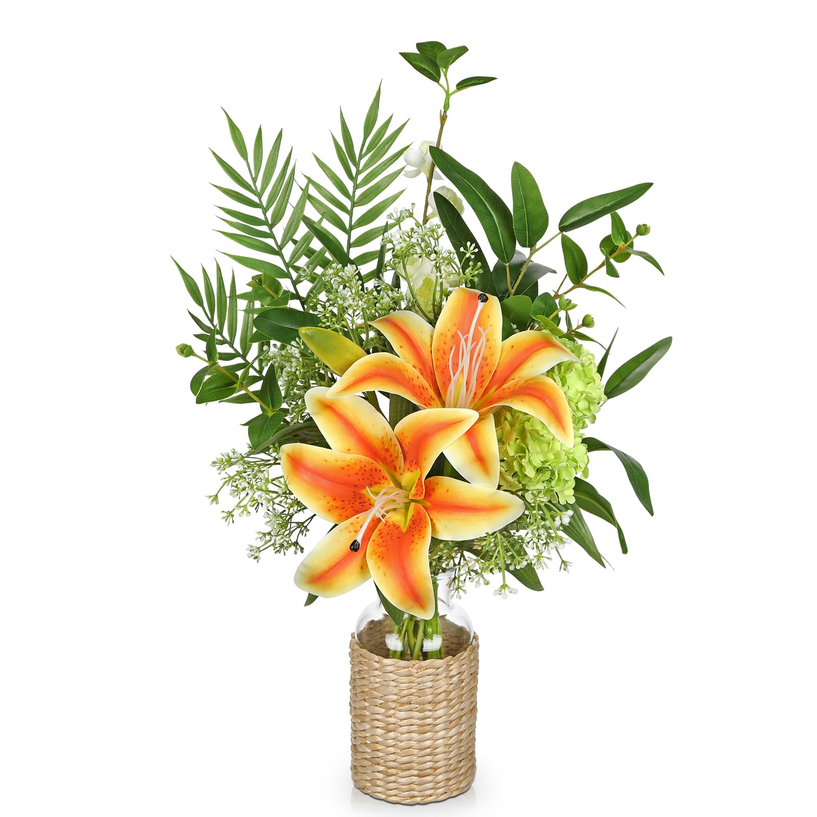 Hollyone Fake Flowers with Vase, Orange Silk Tiger Lily Artificial Flowers in Vase, Faux Plants and Flowers Arrangement Bouquets with Vases for Table