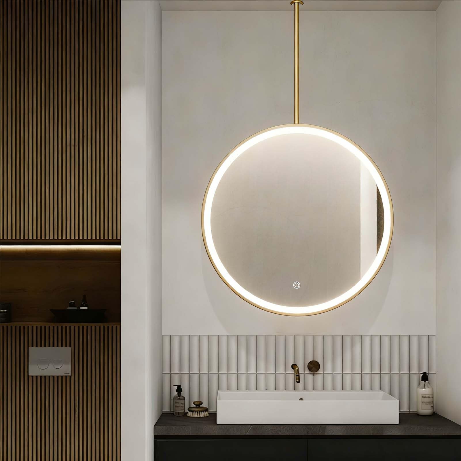 FGXHHS LED with Lights, 3 Colors Dimmable Vanity Makeup Ceiling Hanging Circle Mirrors Metal Frame and Boom(Gold,Diameter-50CM/19.7INCH)