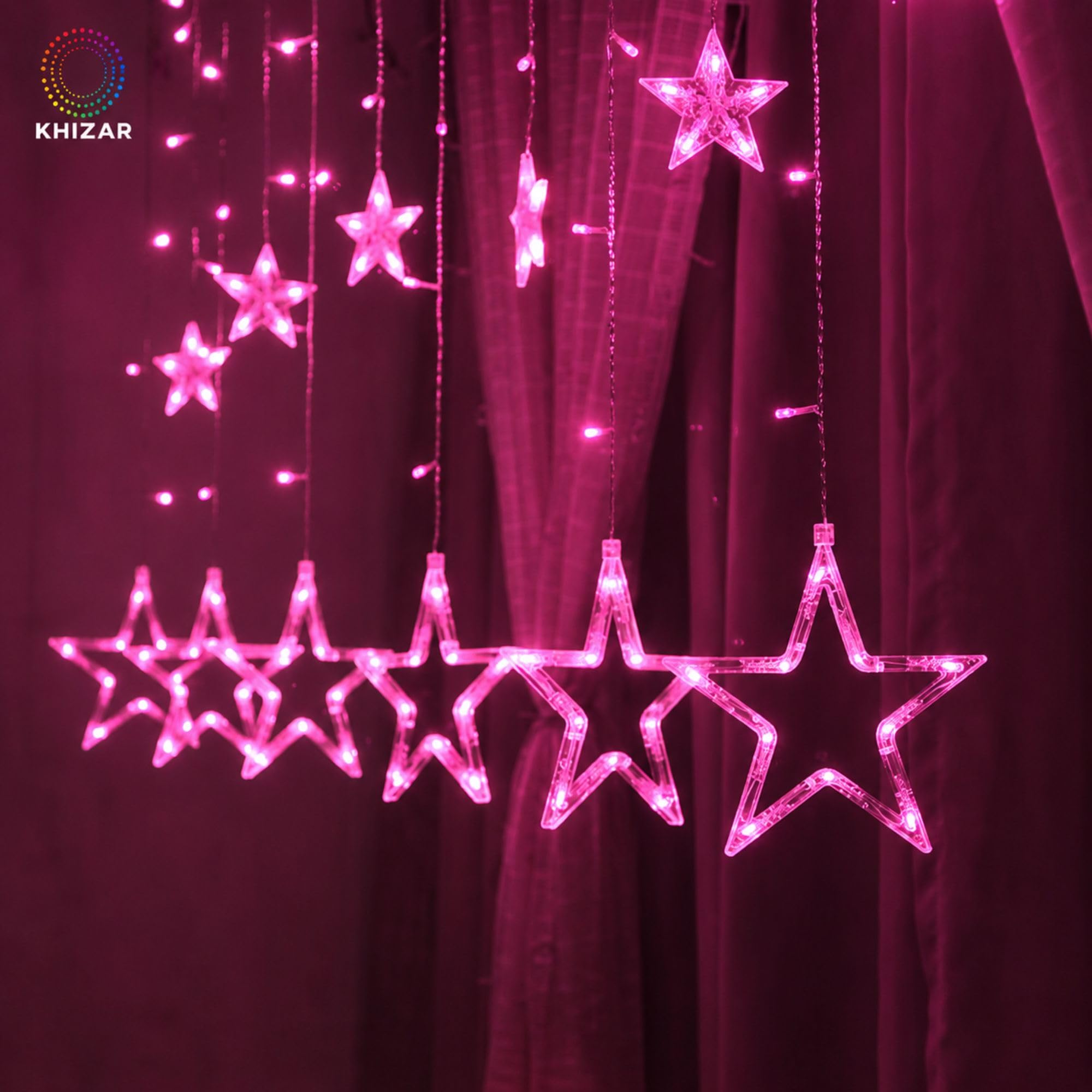 KHIZAR 6+6 Star Curtain LED Light, Pink, Plug-in, 8 Lighting Modes for Window, Bedroom, Balcony and Festival Décor 1