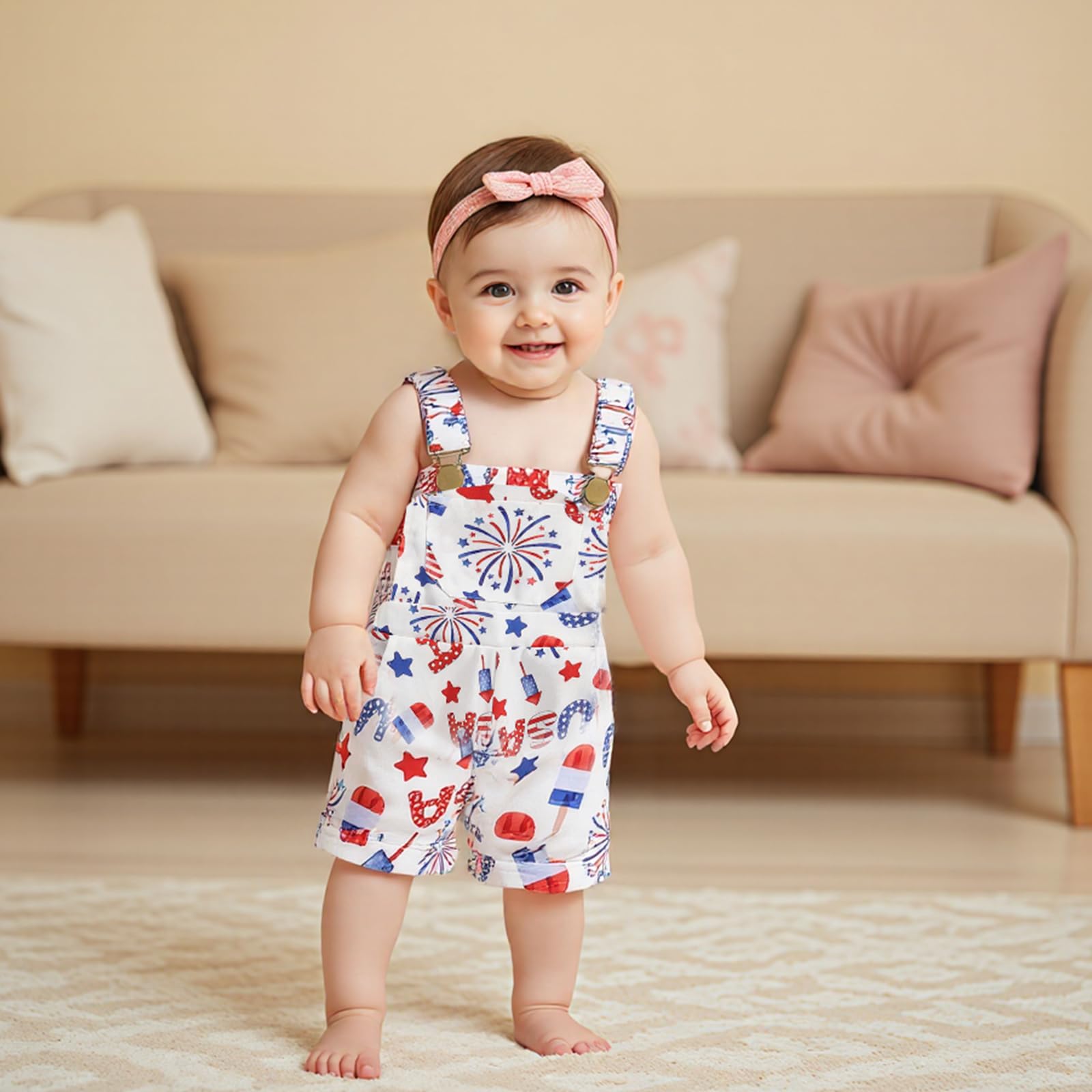 Ayalinggo Fourth Of July Baby Girl Outfit Toddler Ice Cream Jumpsuit Shorts Little Overalls Suspender Kids One Piece Memorial Day (White firework, 3-4 Years)
