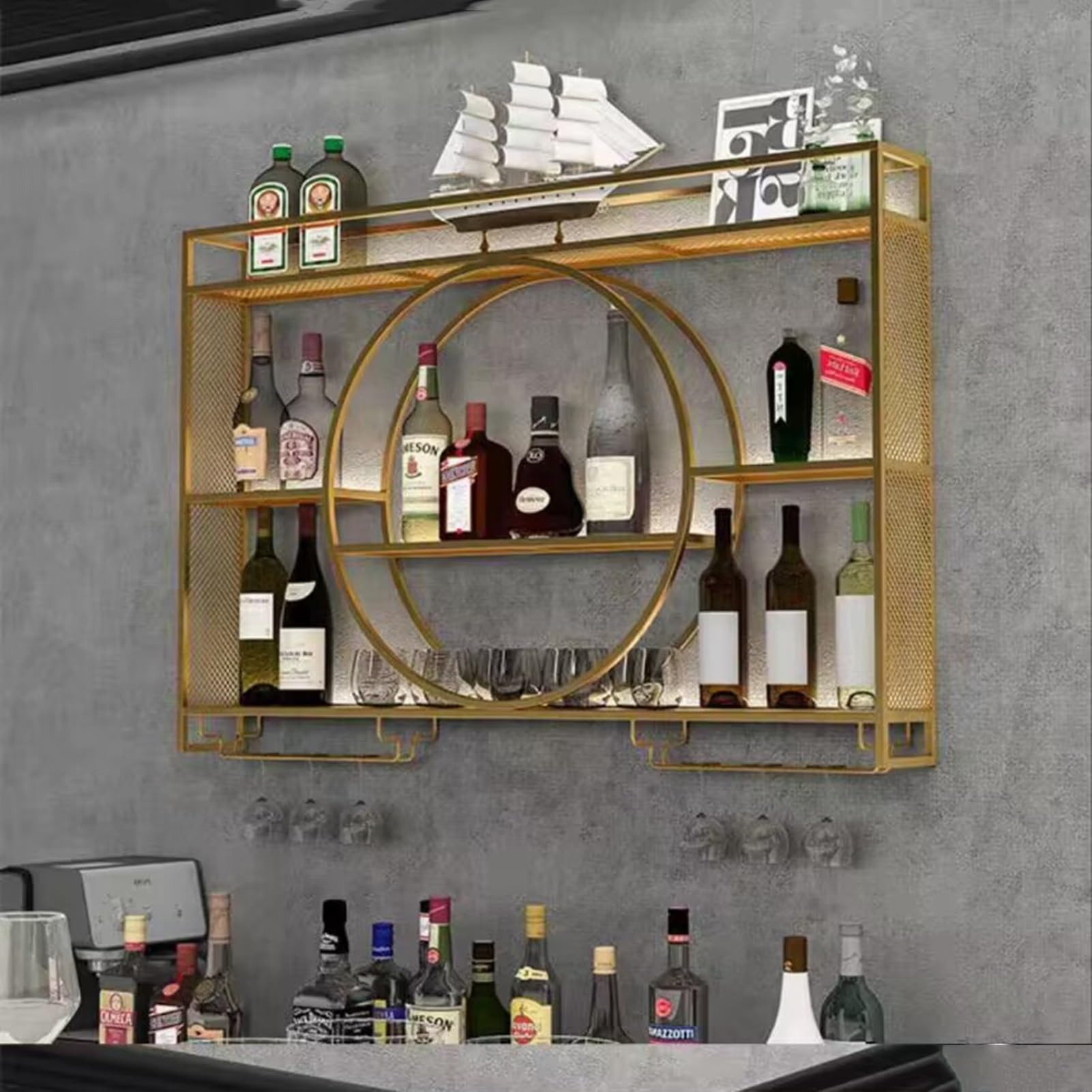 Porte-bouteilles de vin mural or pour ranger bouteilles et verres