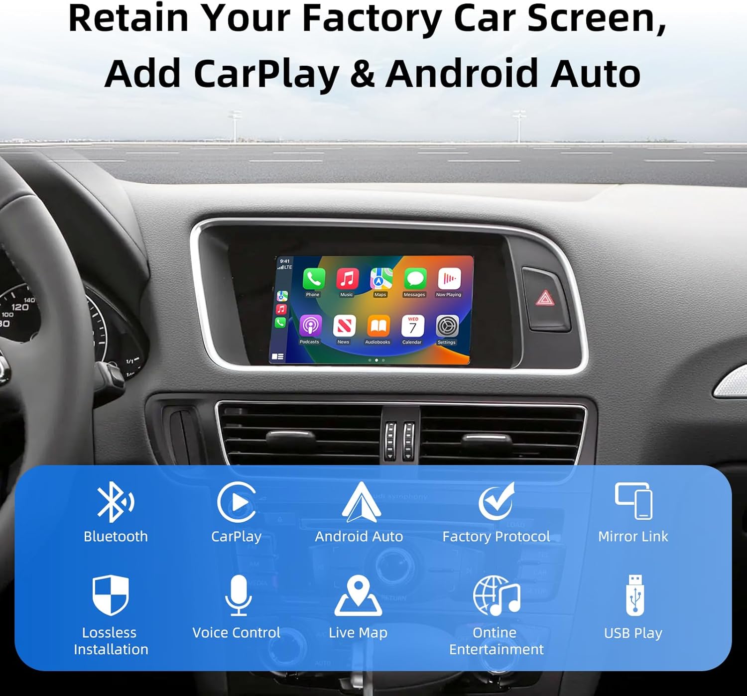 Wireless CarPlay Android Auto Decoder Adapter, Retrofit Kit Fits Audi 2008-2018 A4 A5 Q5 with MMI 3G System, Supports CarPlay/Android Auto/Voice Control/Mirror Link/Camera/USB Drive/Navigation etc