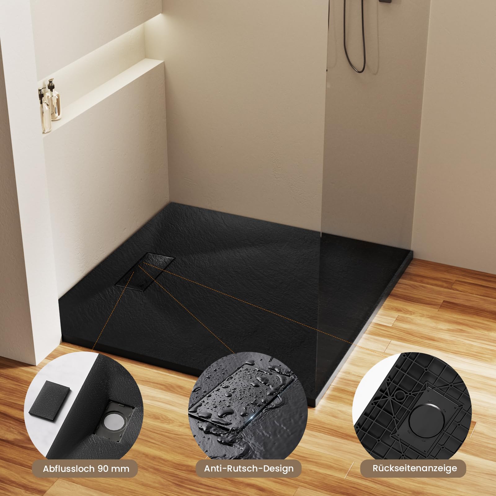 EMKE Plato de ducha 90 x 90 cm, plato de ducha plano SMC antideslizante, color negro, altura 2,6 cm, aspecto de piedra, desagüe 90 mm