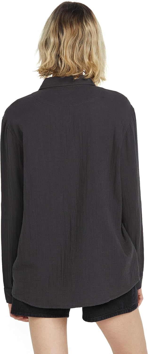 Volcom Womens Lived Lounge Long Sleeve Button Down Beach Coverup Shirt – Oversized Shirt with Scalloped Hem - Image 4
