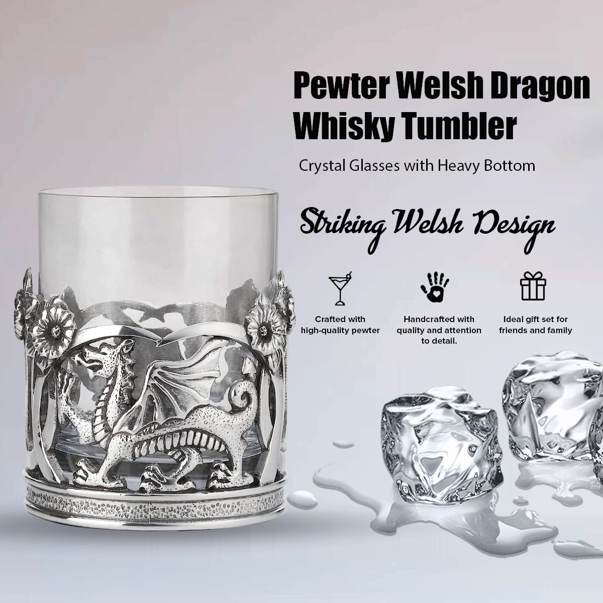 A E Williams Whiskyglas mit walisischem Drachen und Narzissen-Design aus Zinn, Kristallgläser mit schwerem Boden, Wein-, Cocktail- und Bourbon-Trinkglas, einzigartiges Geschenk für Männer, Geburtstag,