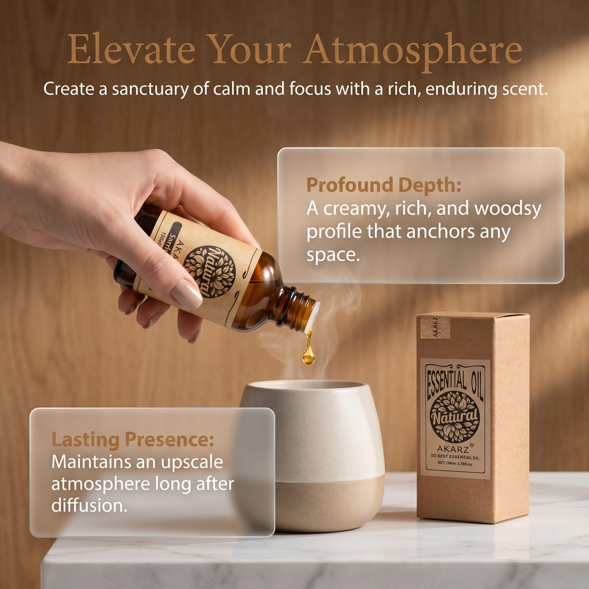 AKARZ 100ml Olejek esencjny z Sandalu - Naturalny olejek aromatyczny do dyfuzorów, lamp aromatycznych i aromatów pomieszczeń