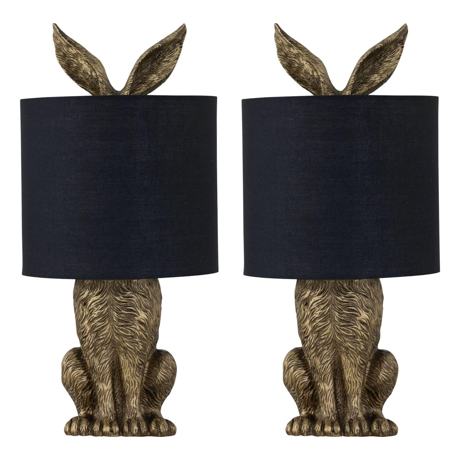 Firstchoicelighting Gold & Black Set Of 2 Antique Gold Hare Rabbit Table Lamp Or Bedside Lights With Black Fabric Shade, Gold Resin Animal, Height 43 Cm, Led Compatible