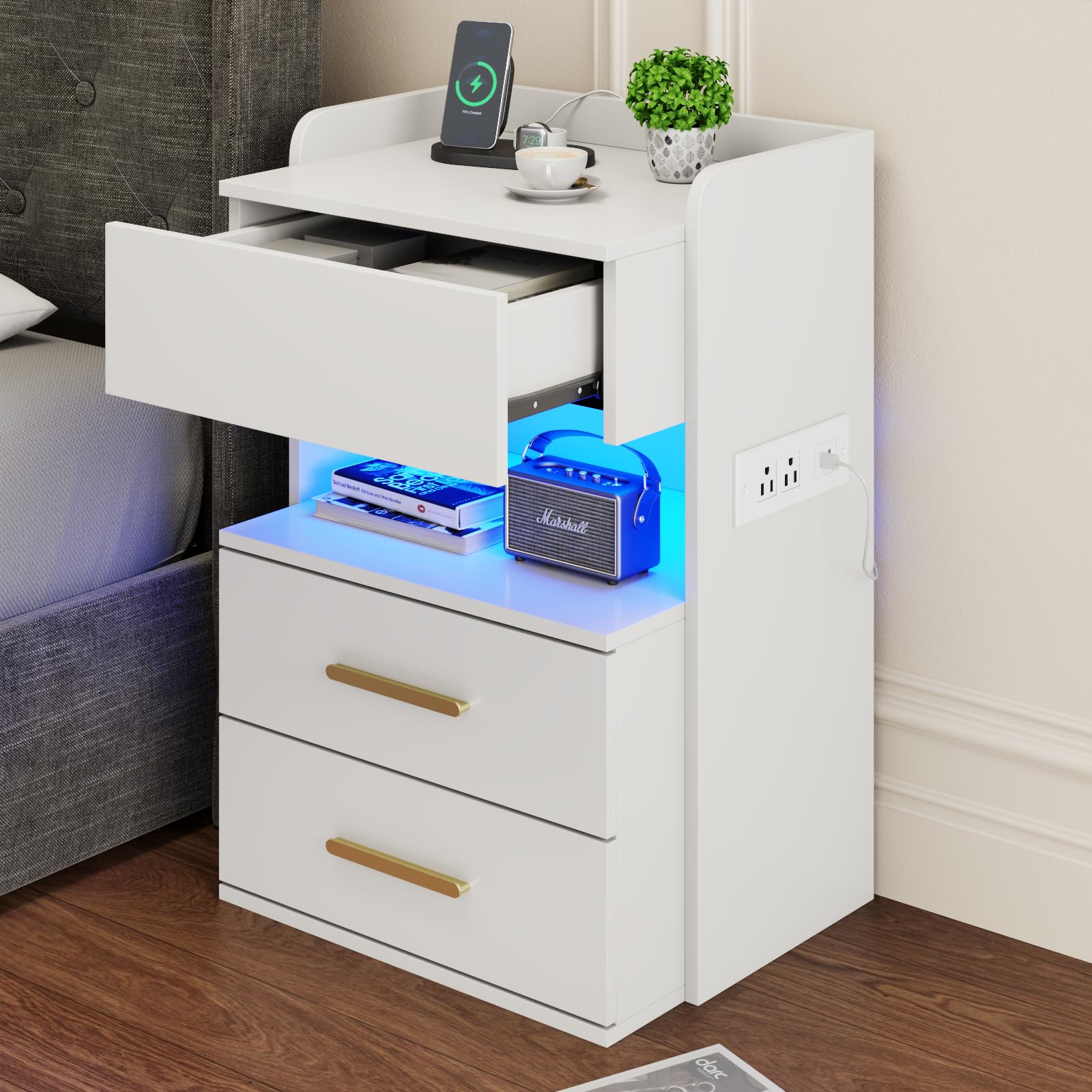 3 Drawers White Nightstand with Charger Station & LED Light,Night Stand with Gold Handle & Storage,Modern Bedside Table with Top Baffle,Smart Side End Table with Open Cubby & Shelf for Bedroom