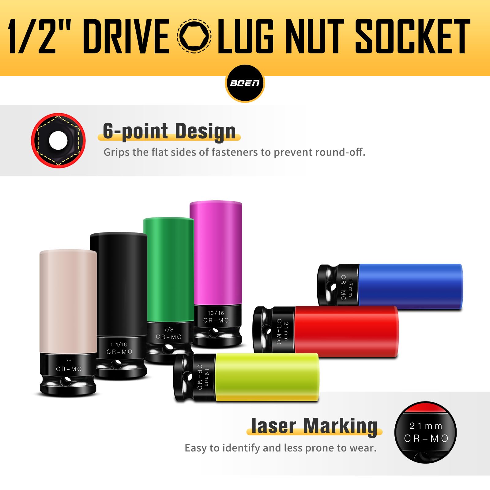 BOEN Juego de 7 llaves de vaso de impacto de 1/2 pulgada, protector de rueda que no daña la pared, sistema métrico 17 19 21 mm | SAE 13/16 7/8 1 1-1/16 pulgadas, diseño de 6 puntos, código de colores,