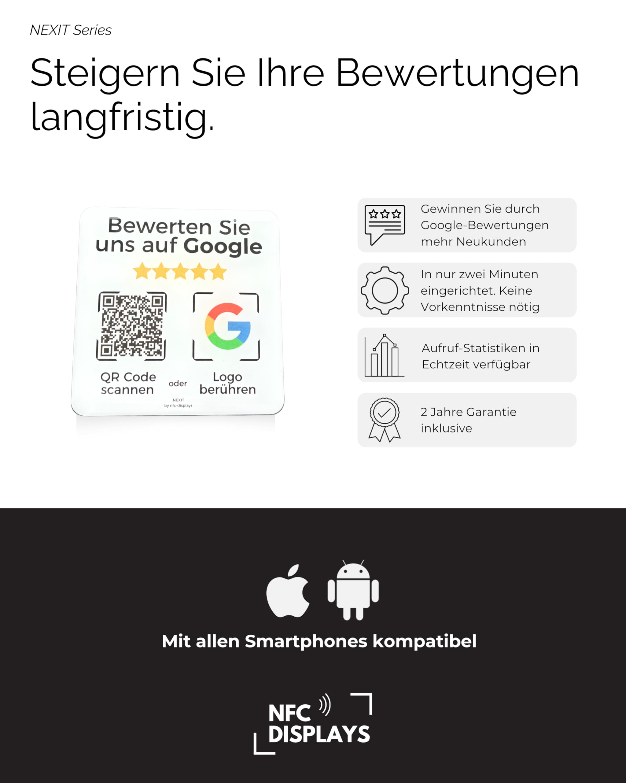 Aufsteller Aufkleber-Karte für Google Bewertungen mit QR-Code NFC 6x6 cm 5x Pack weiß Deutsch