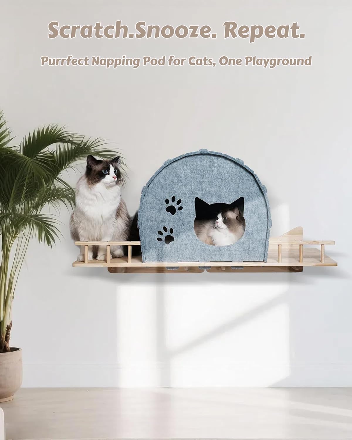 Wall Mounted Cat Shelf Bed – Large Felt Cat Furniture with Dual Entrances & Solid Wood Base, Floating Perch for Indoor Cats, Wall Shelves & Modern Furniture,Gray