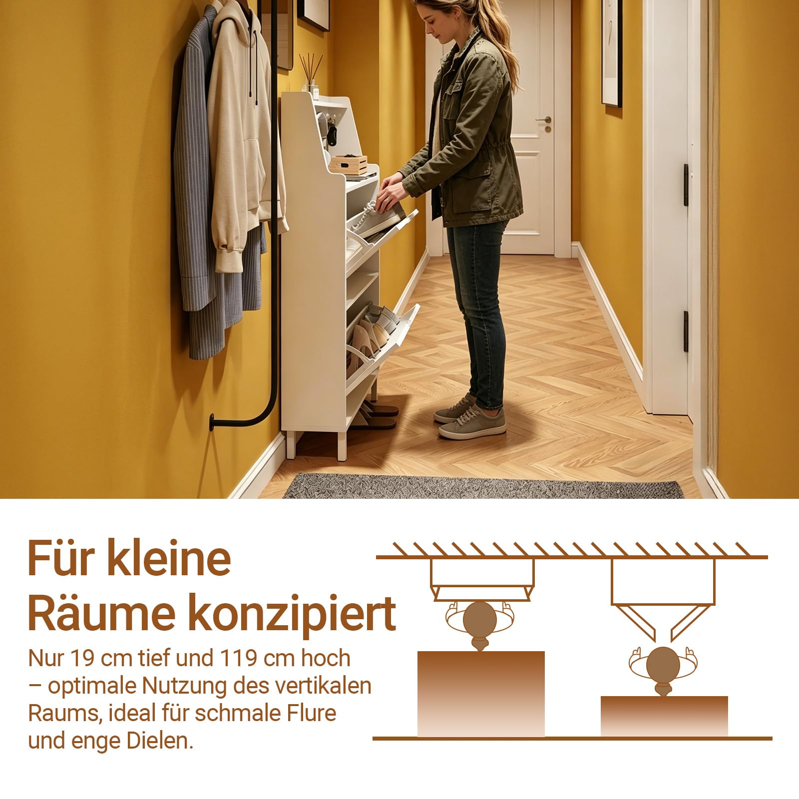 SoBuy Schuhschrank Schmal Schuhkipper Extra Schmale 19 cm Tiefe, Für Schuhe Bis Größe 47, Mit Haken und Offenem Fach für Kleine Wohnung Schmaler Flur Eingangsbereich Weiß 60 x 19 x 119 cm FSR221-W