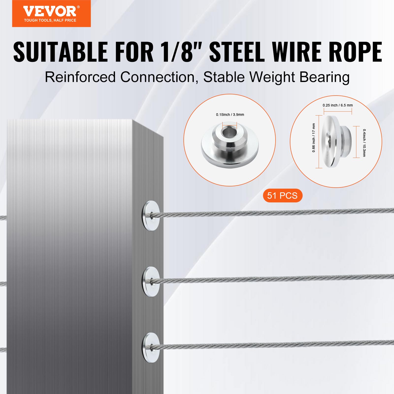 VEVOR Barandilla de cable 51 piezas fundas protectoras de rueda de 1/8", tensor de terminal invisible de 1/8", cubiertas protectoras para poste de barandilla de cable, poste de orificio horizontal