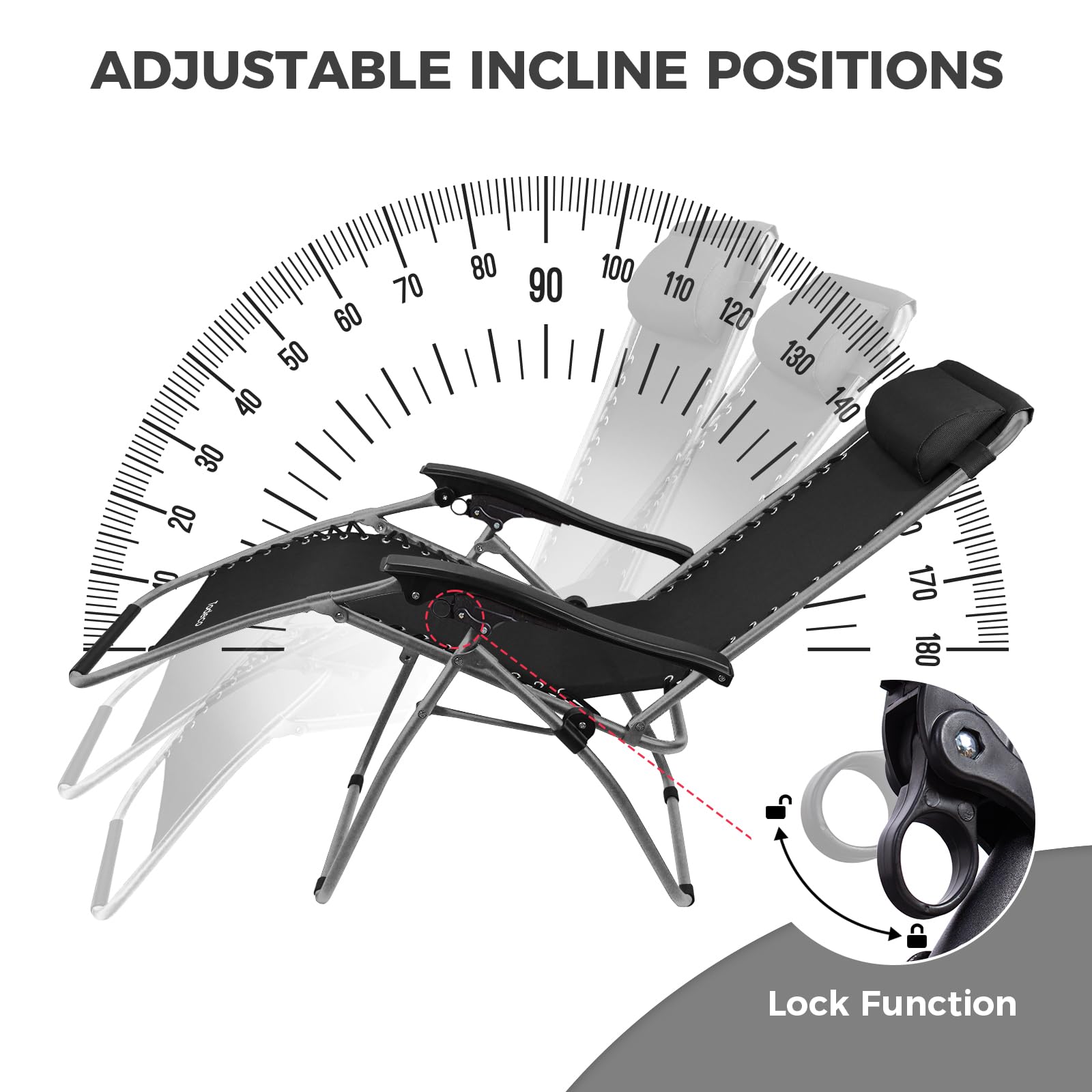 Todeco Chaises Longues Zéro Gravité, Fauteuils Relax de Jardin Pliables en Textilène Respirant avec Repose-Tête, Dossier Inclinable Multiposition, Bain de Soleil Terrasse Balcon Piscine, Noir