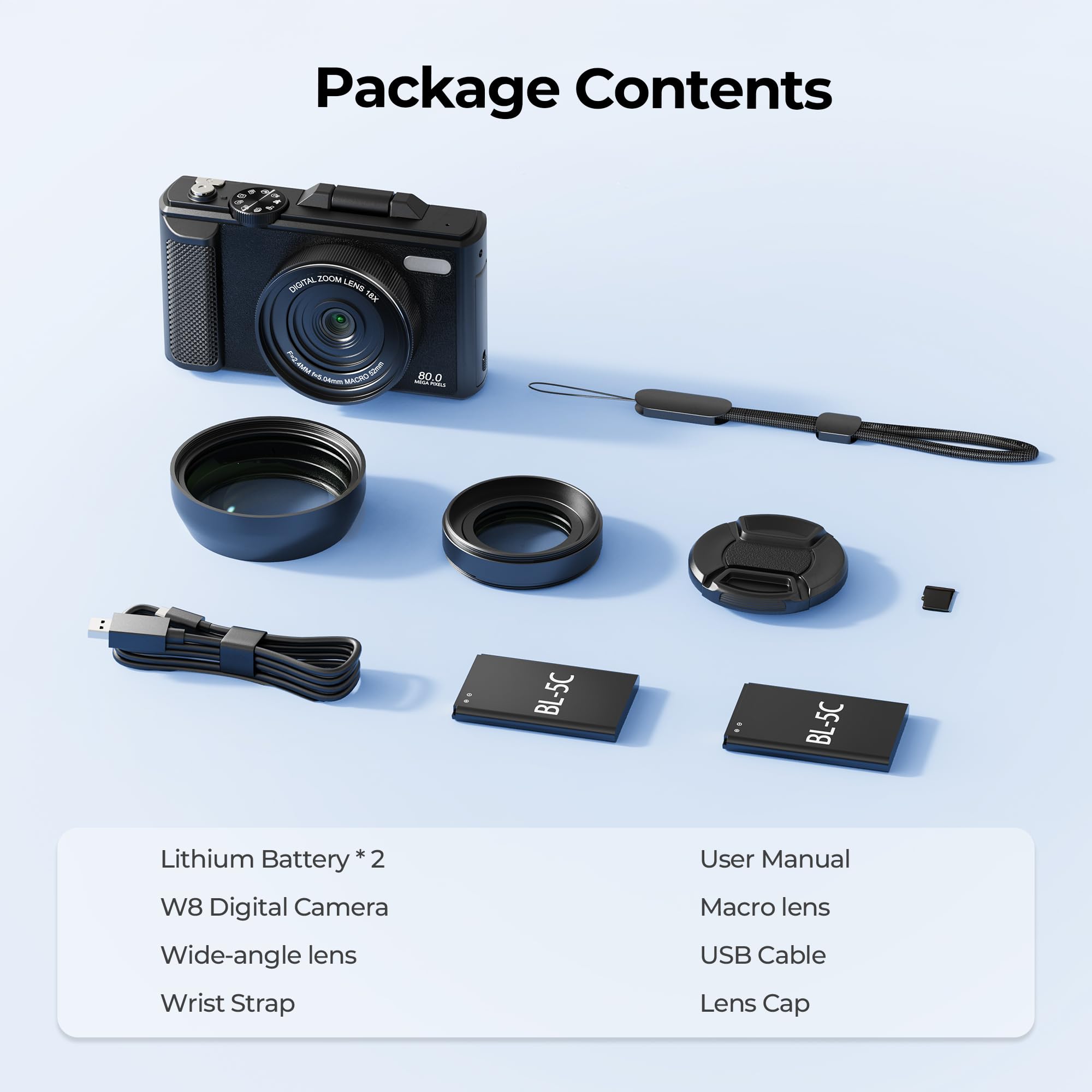 Fotocamera digitale 5K WiFi e fotocamera fotografica 80 MP, fotocamera vlogging per YouTube con messa a fuoco automatica, schermo pieghevole da 3" a 180°, zoom digitale 18x, fotocamera da viaggio per
