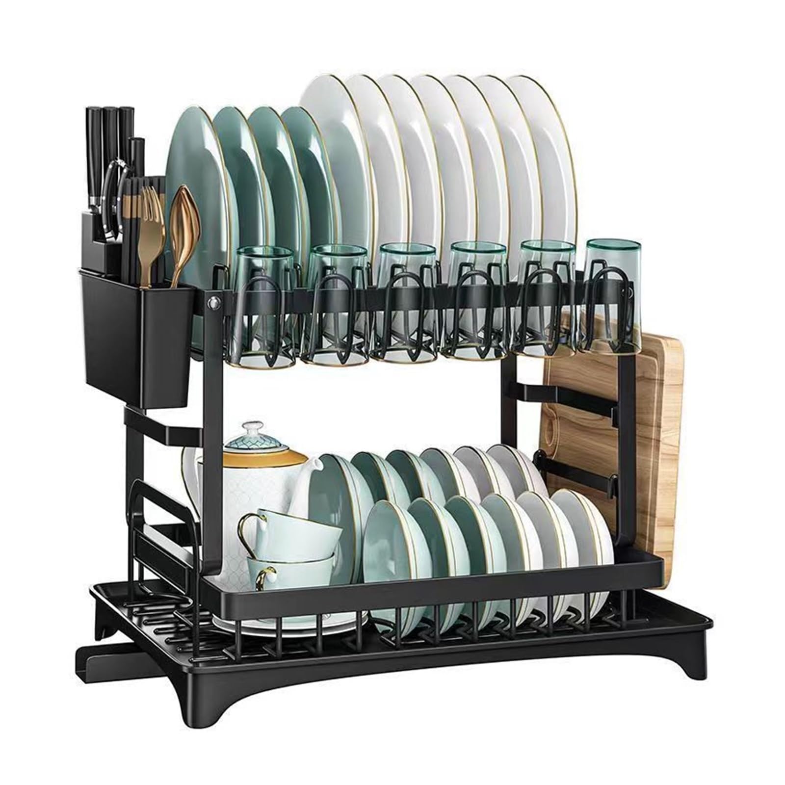 Escurridor de platos de 2 niveles con soporte para cubiertos y secadora de tazas, ahorra espacio, para cocinas pequeñas, drenaje eficiente y secado negro