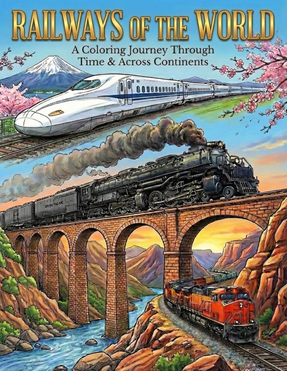 Railways of the World: A Coloring Journey Through Time & Across Continents: A Coloring Book for Kids, Teens, and Adults Featuring Vintage Steam Engines, Modern Bullet Trains, and Scenic Landscapes