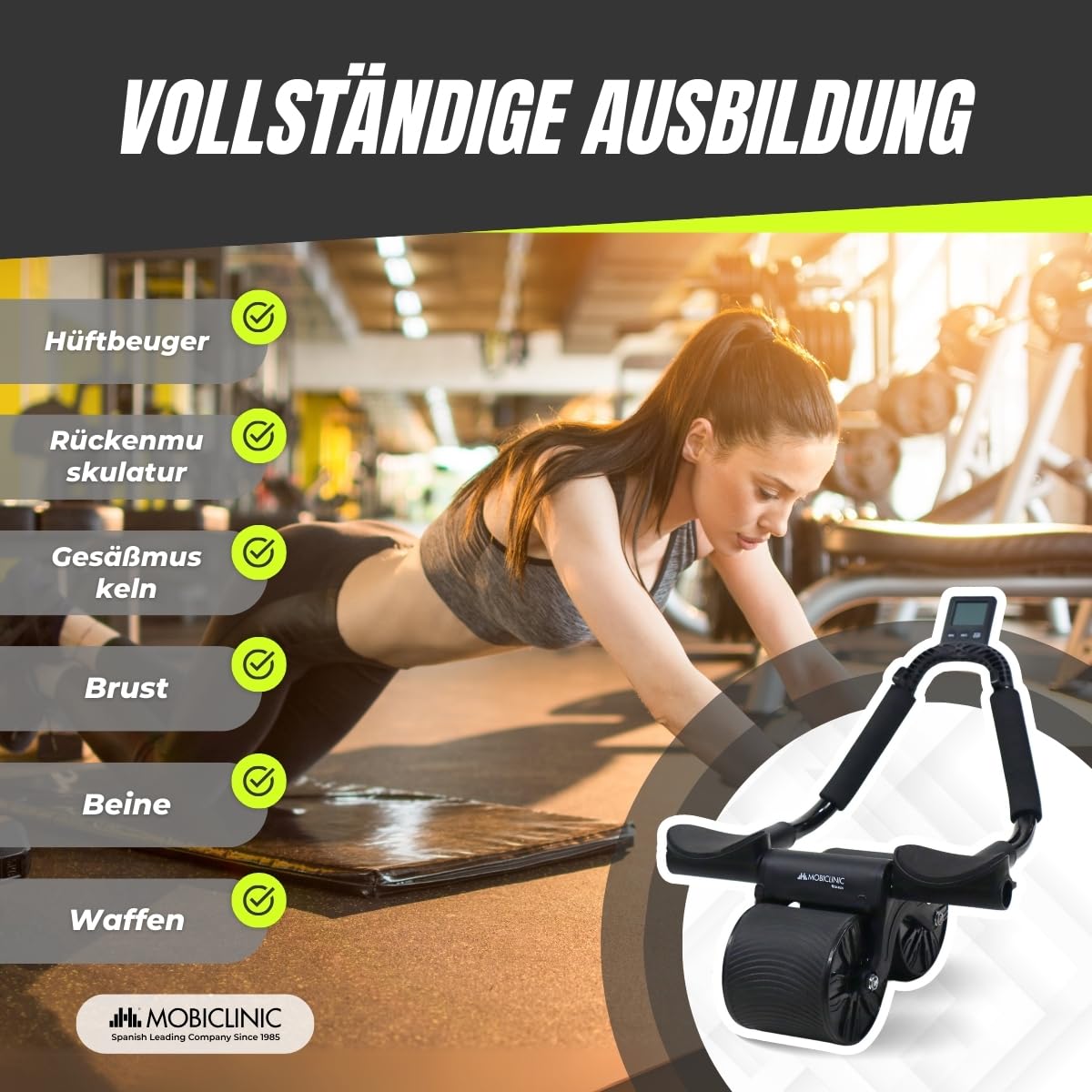 Mobiclinic®, Bauchroller mit rückholfeder, Ab roller, Ellbogenstütze, Digitaler timer, Antirutschmatte, Doppelrad, Handyhalter, Ra-02, Home gym, Fitness