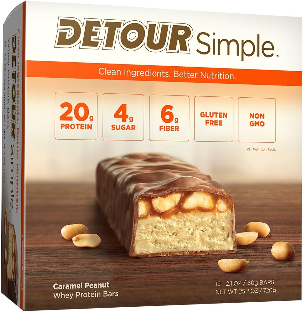 Detour Simple Whey Protein Bar, Caramel Peanut, 2.1 Ounce, 12 Count