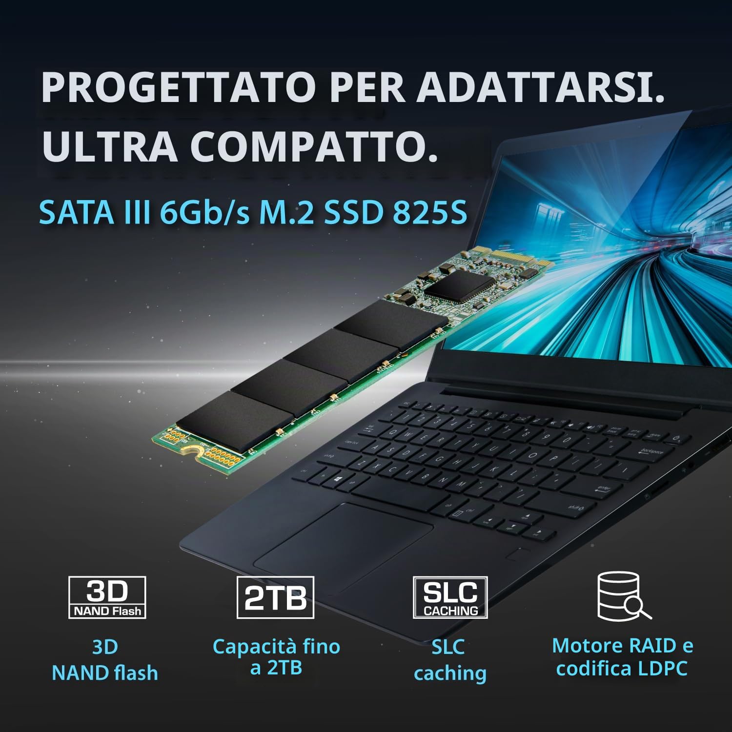 Transcend SSD interno MTS825S M.2 2280 SATA III da 500 GB - 6 Gb/s, memoria 3D NAND, per upgrade laptop/desktop - TS500GMTS825S