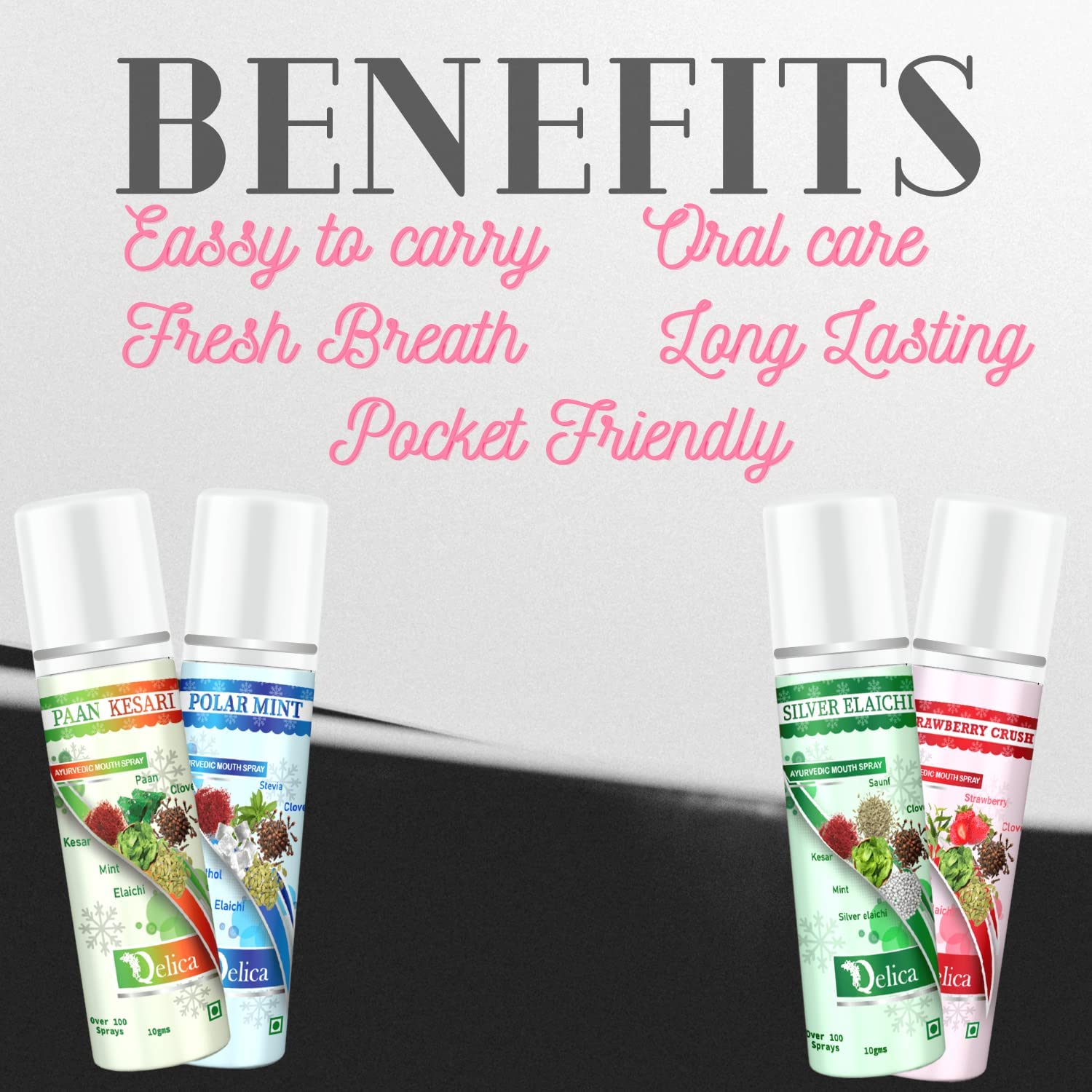 Qelica Ayurvedic Mouth Fresheners Spray - Freshen Breath and Improve Oral Health Naturally (Paan,Polar,Elachi,Strawberry)