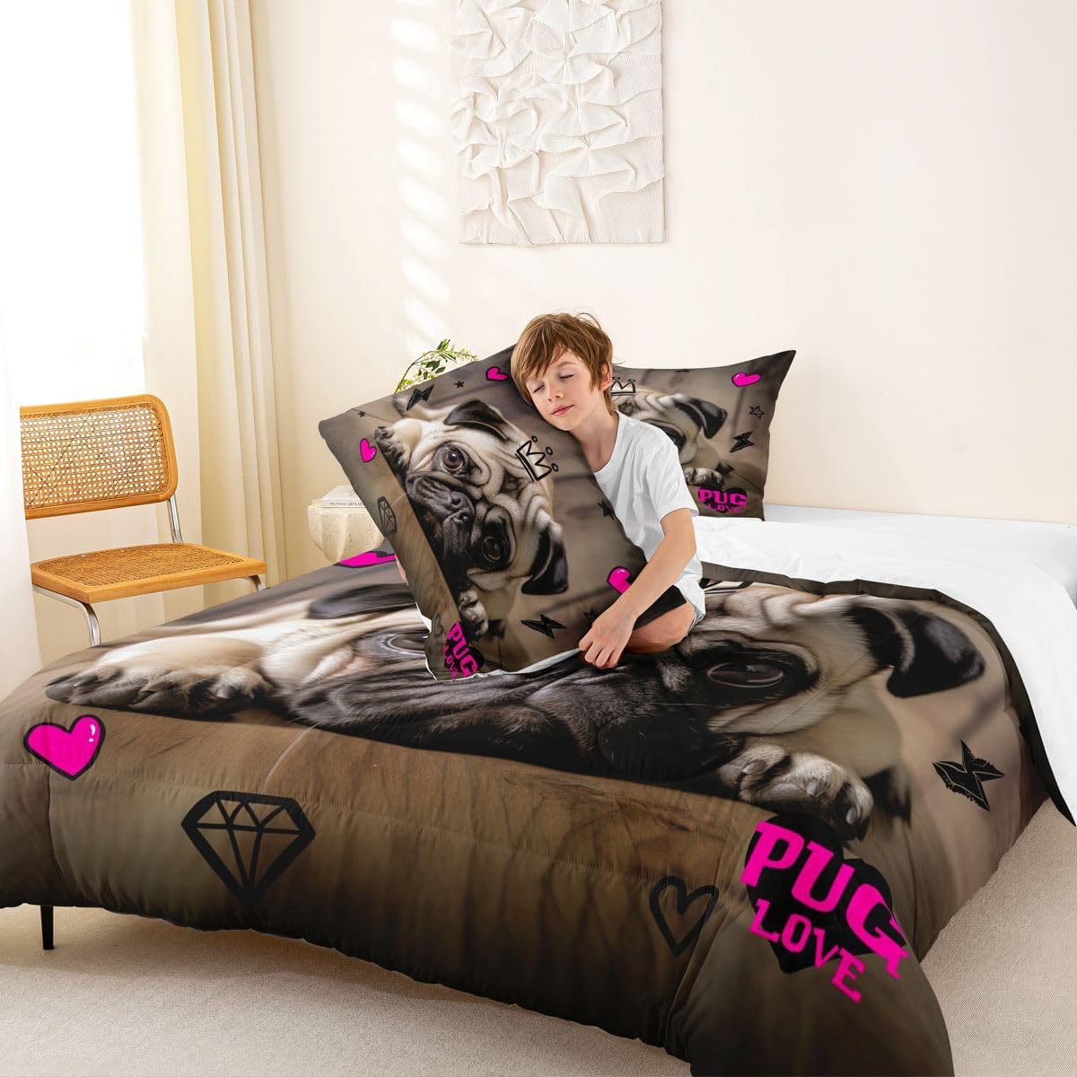 Manfei 3D Pug Comforter Set Full Size Cute Pug Puppy Dog Bedding Set 3pcs for Kids Boys Girls Room Decor, Animal Theme Quilt Set Pink Hearts Lightning Star Print Duvet Set with 2 Pillowcases