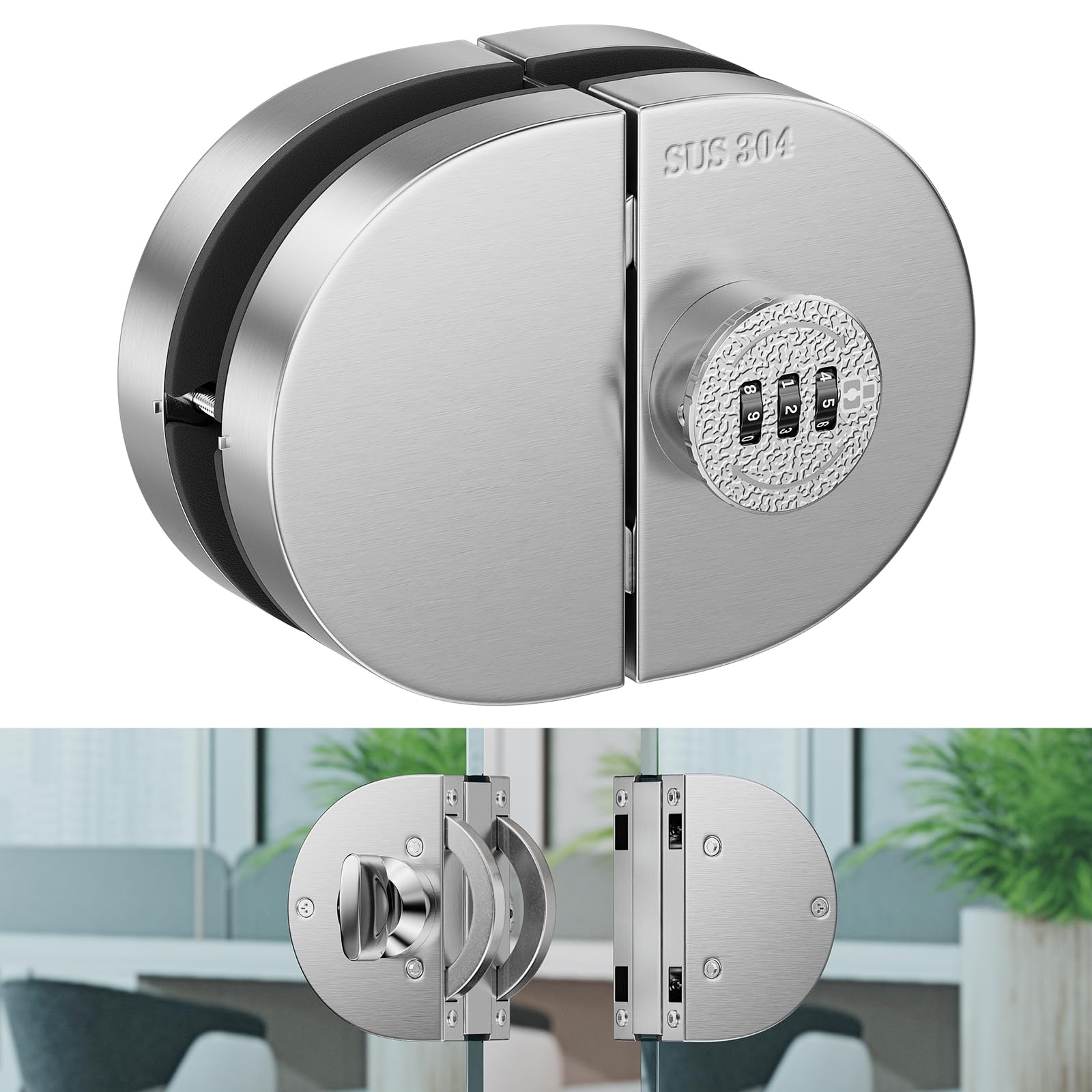 Ranbo Mechanisches Kombinationstürschloss, rahmenlos, ohne Bohren, passend für 1,9 cm - 1,27 cm dickes Glas, gebürstetes Silber, geeignet für Doppelschwing-Glastüren im privaten und gewerblichen