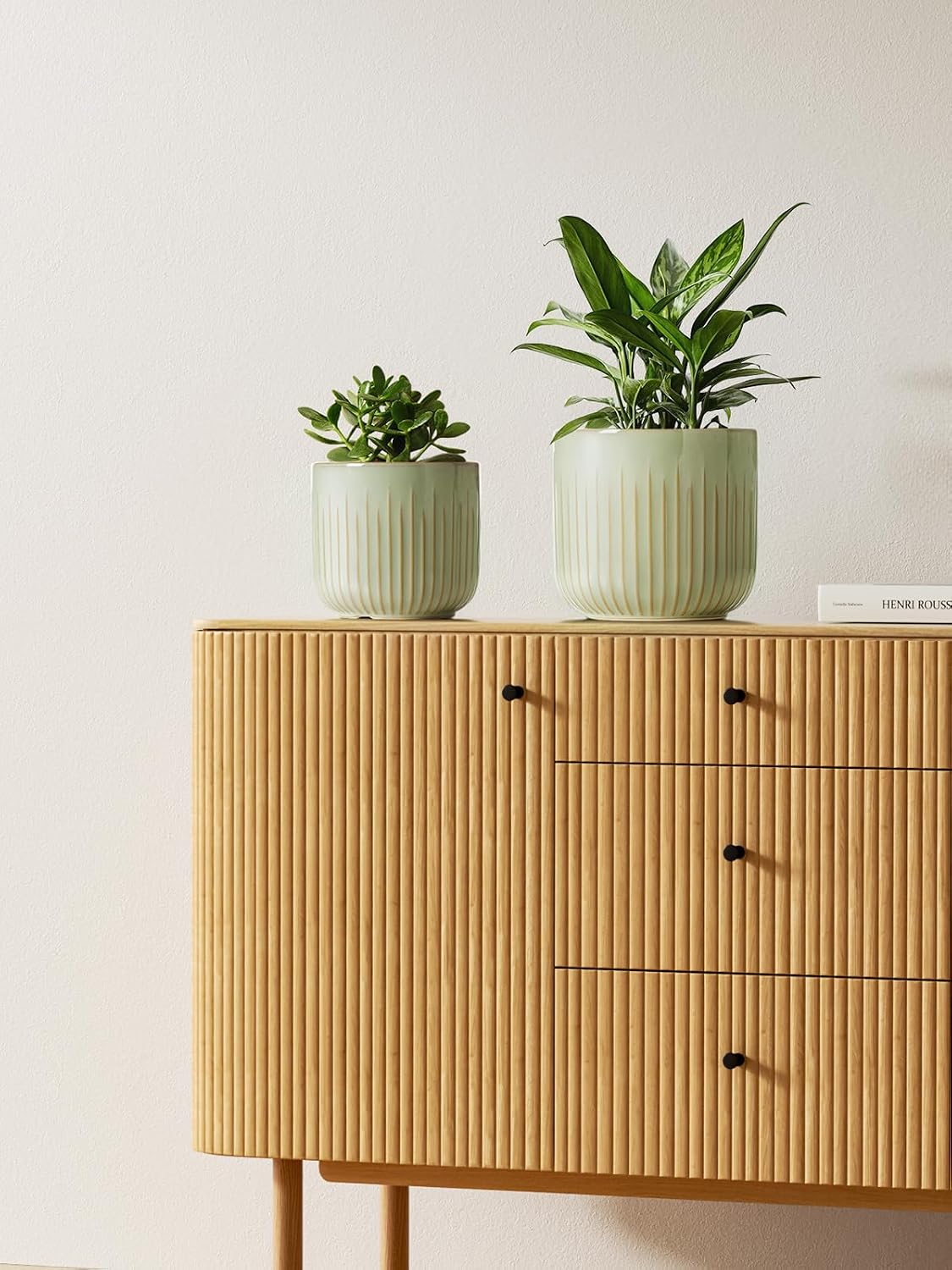 LE TAUCI Ceramic Pots for Plants, 8.3/7/6 Inch Indoor Planters with Drainage Holes & Mesh, Modern Glossy Glaze Cylinder Fluted Plant Pot for Snake Plant, Set of 3, Sage Green image 2