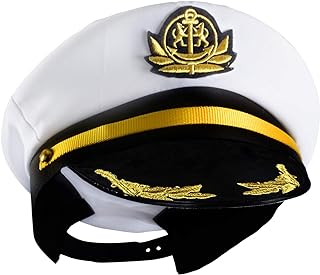 Yacht Captain Hat – Sailor Cap, Skipper Hat, Navy Marine Hat - Adjustable - Costume Accessories (White)