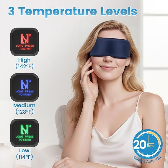 Heated Eye Mask for Dry Eyes, 1500mAh Warm Eyes Compress with Silver-Ion Heating Element, Cordless Eye Heating Pad for Stye Blepharitis Chalazion MGD (Navy Blue)