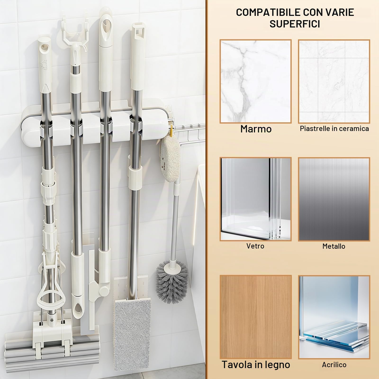 Porta Scope Parete, Supporto per Attrezzi da Giardino, da Utilizzare con Attrezzi da Giardino E Scopes, Porta Scope, In Cucine, Bagni, Appartamenti, Garage E Giardini
