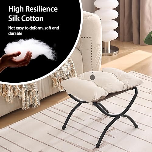 Miniatura 5 de Welnow Taburete plegable, otomana tapizada con acento pequeño con cojín de algodón grueso desmontable acolchado y marco de metal para silla