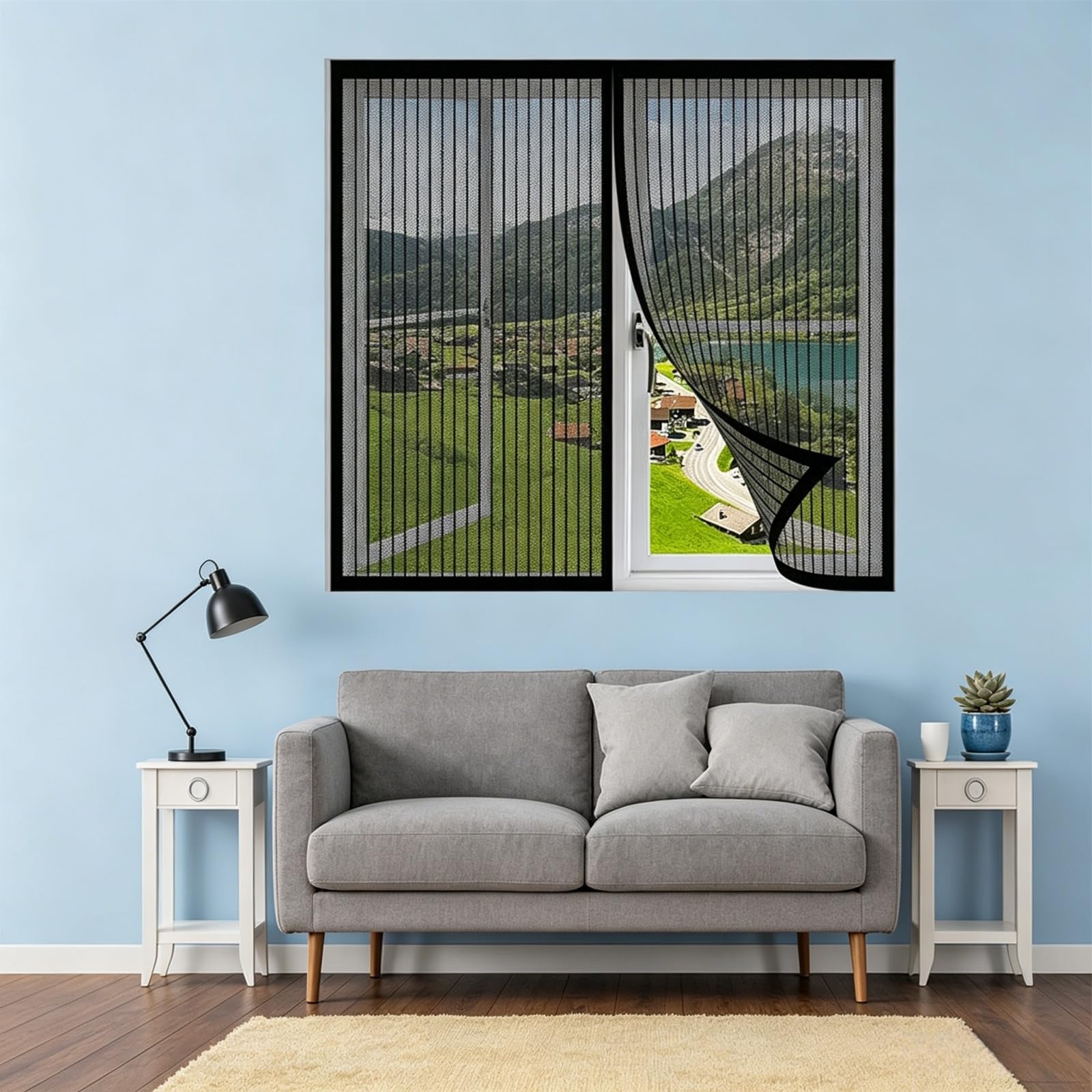 Window Fly Net 140 x 142 cm Easy Installation Mesh Curtains, Door Curtains Window Fly Screens for Keep Bugs Flys Mosquitoes for Windows Doors Patio, Cat-Proof, Black