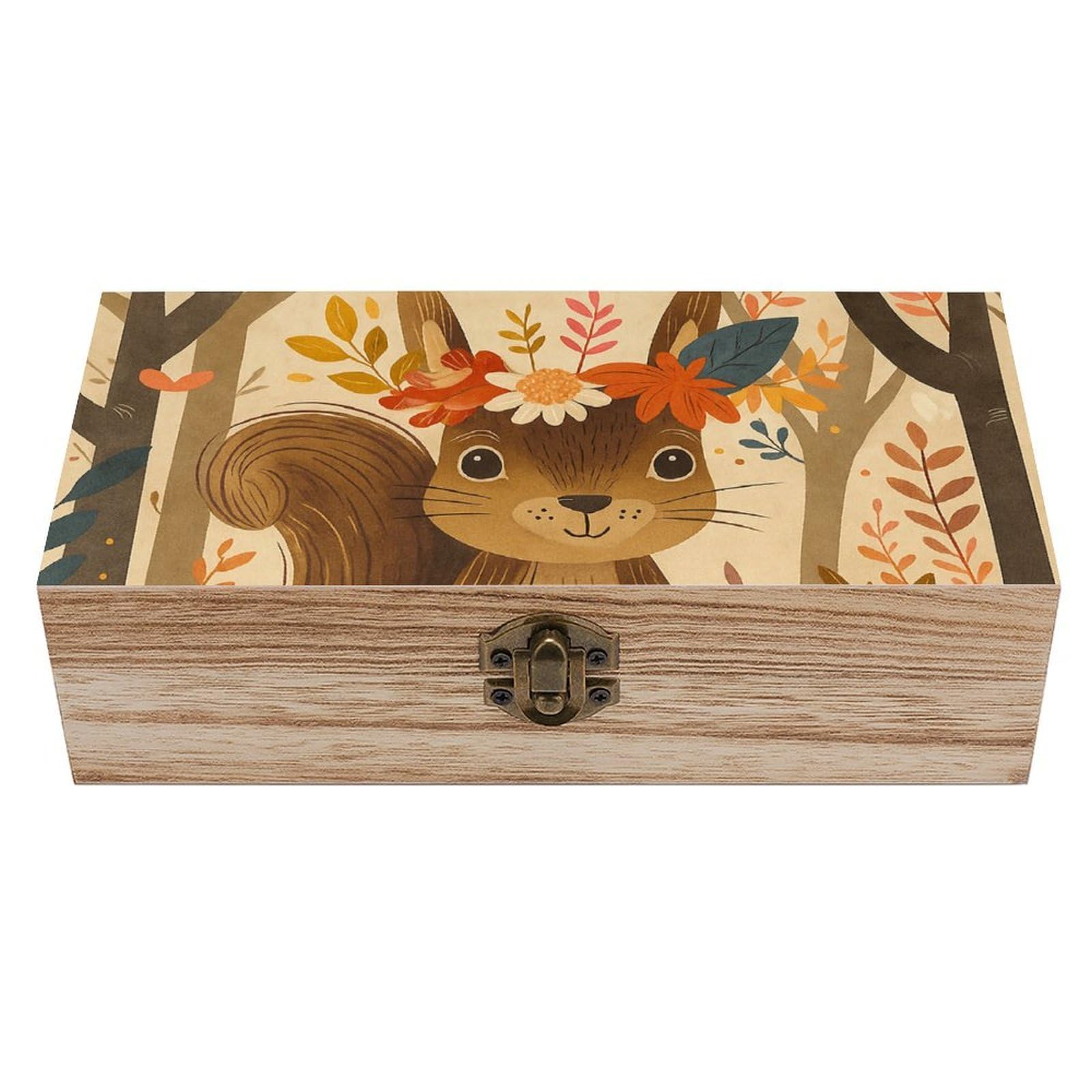 SMAZDFXX Lovely Squirrel with Wreath Wooden Storage Box Multipurpose Decorative Box for Jewelry Photo Home Decor