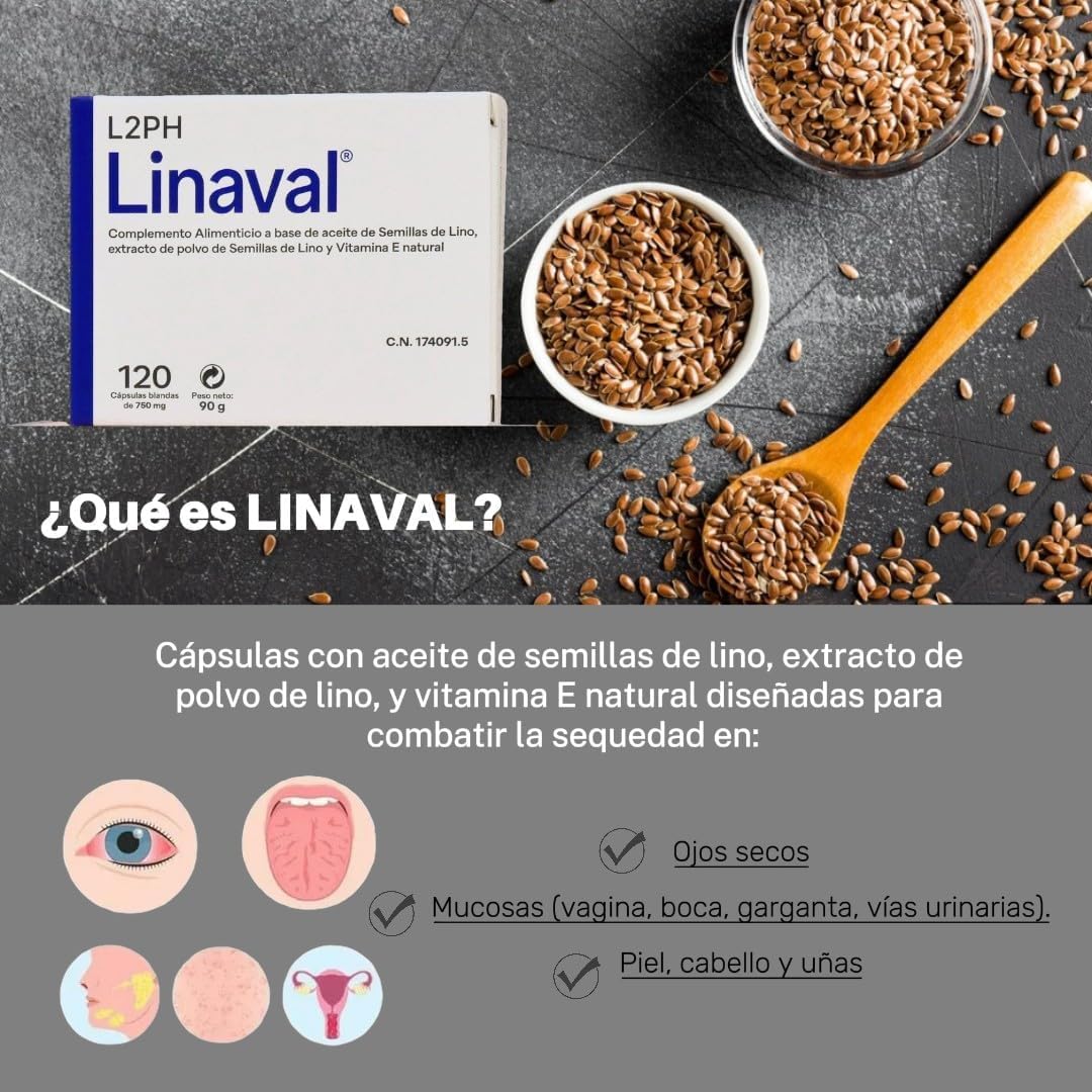 LINAVAL Complemento alimenticio para hidratación profunda de piel, ojos y mucosas (120 cápsulas). Complemento nutricional con Omegas 3-6-7-9 y Vitamina E