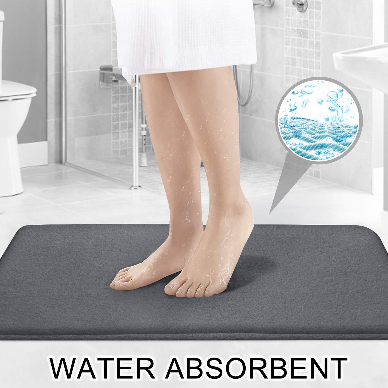 Juego de 3 alfombrillas de baño de espuma viscoelástica, alfombrillas antideslizantes y absorbentes, 20 x 31 pulgadas, alfombra de contorno en forma de U de 20 x 22 pulgadas, cubierta de tapa de inodoro para bañera, ducha y baño, color gris 3