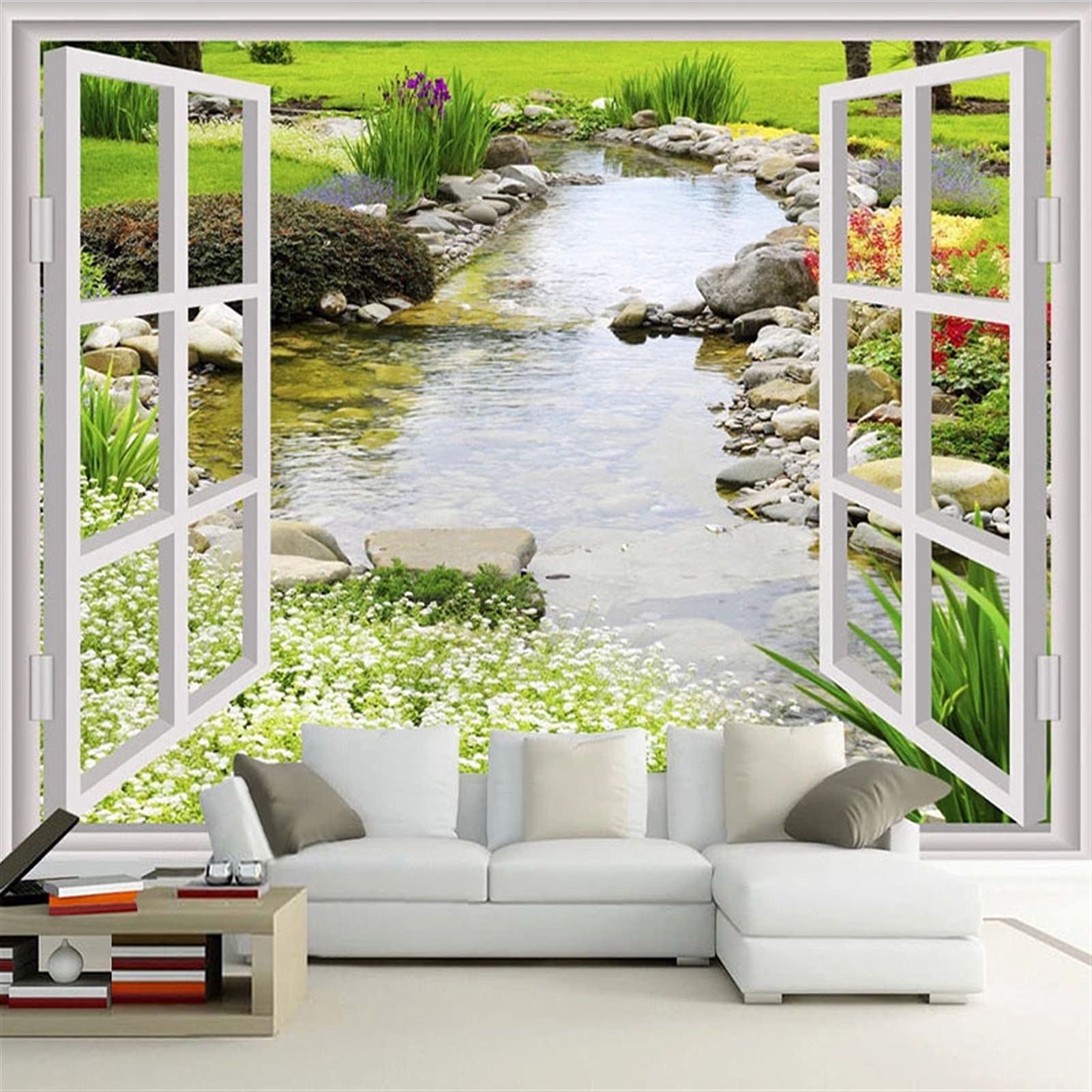 Pegatinas de Pared Impermeable Mural Papel pintado 3D Río Piedra Ventana Jardín Paisaje Paisaje Pintura de Pared Sala de estar Pegatina de cocina (no autoadhesivo /autoadhesivo) Adhesivos Pared