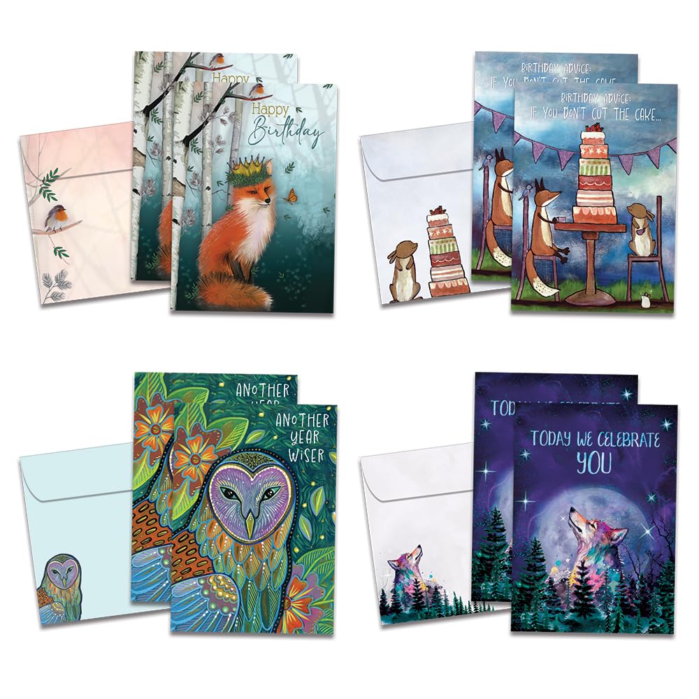 Tree-Free Greetings - Birthday Cards - Artful Designs - 8 Assorted Cards + Matching Envelopes - Made in USA - 100% Recycled Paper - 5 x 7 - Cake