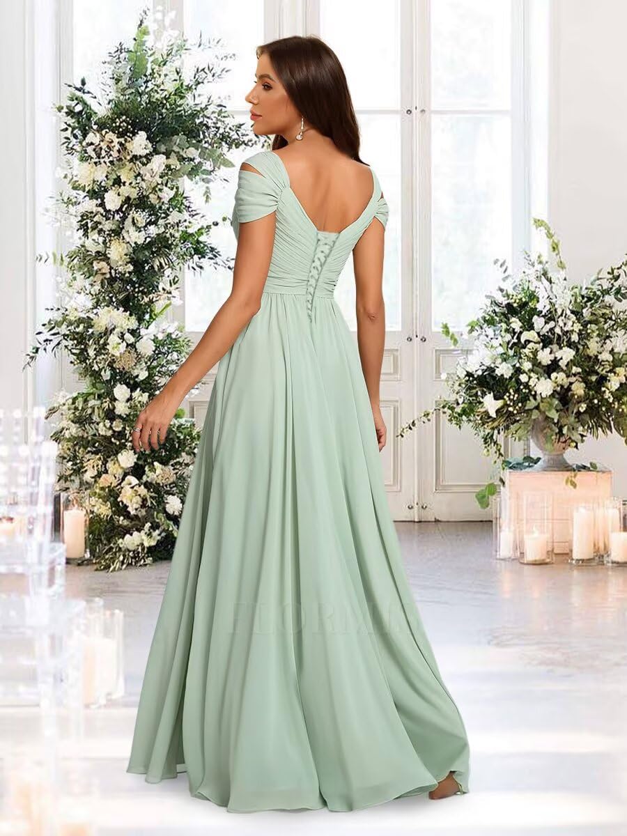 Women's Off The Shoulder Bridesmaid Dresses Long with Slit V Neck A Line Chiffon Formal Evening Dress AS047